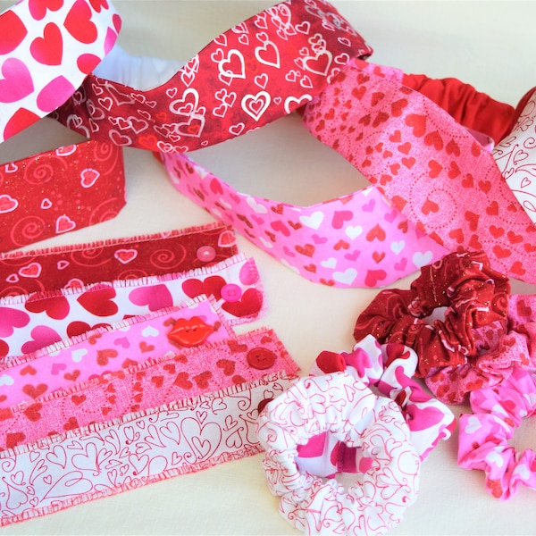 Valentine Headbands With/Without Buttons/Ear Savers/Hair Ties/Cloth Bracelets/Face Masks 3 Layers/Reversible Washable/Sets