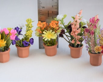 Miniature Flowers and Miniature Clay Pots 1:12 Scale (1 3/4 inches to 2 1/2 inches total height)