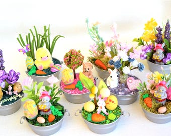 Miniature Easter Figurine Scenes and Floral Arrangements With Miniature Metal Tubs