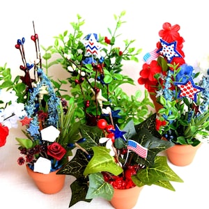 4th of July Miniature And Small American Flag Patriotic Clay Flower Pots With Miniature And Small Artificial Flowers (Not 1:12 Scale)