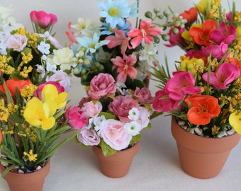 Spring Miniature And Small Flower Pots With Miniature And Small Artificial Flowers