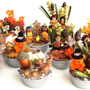 Handmade Miniature Fall Thanksgiving Figurine Scenes Floral Arrangements In Miniature Metal Tubs