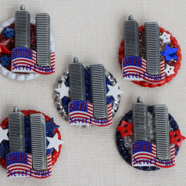 9-11 NEVER FORGET- American Flag Patriotic,3-D, Pin,Magnetic Pin Back,Magnet,Backpack Clip,Key Chain,Necklace, Retractable Reel Badge Holder