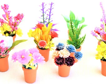 Miniature Flowers and Miniature Clay Pots (1 1/2 inches to 2 1/2 inches high), 1:12 Scale