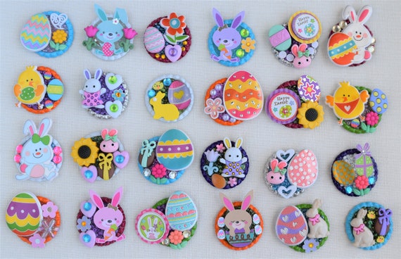 3-D Easter Pins brooches, Magnetic Pin Backs, Refrigerator Magnets,  Keychains, Backpack Clips, Retractable Reel Badge Holders, Necklaces 