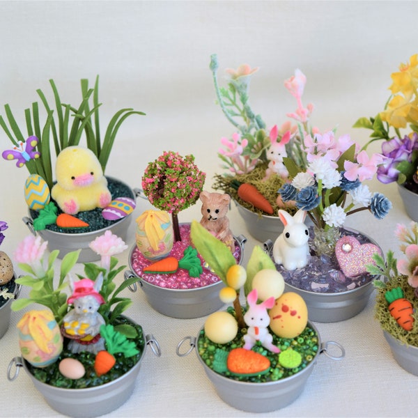 Miniature Easter Figurine Scenes and Miniature Floral Arrangements With Miniature Galvanized Tubs