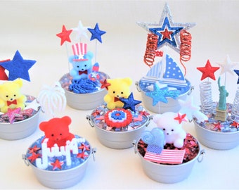 4th of July Independence Day Patriotic Miniature Figurine Scenes In Miniature Metal Tubs