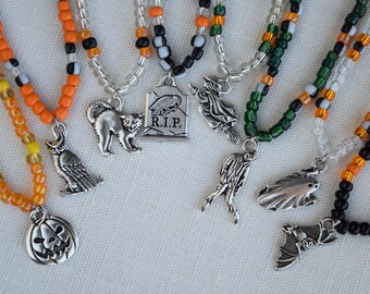 Halloween Beaded and Pendant Charm Necklaces with Cats, Bats, Pumpkins, Witches, Headstones, Owls, Ghosts and Zombies