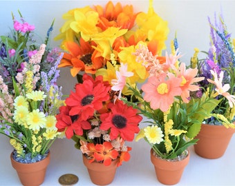 Spring Miniature And Small Flower Pots With Miniature And Small Artificial Flowers