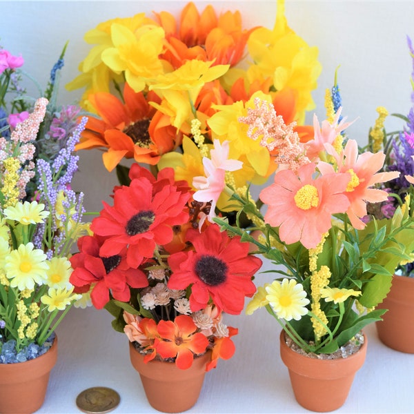 Spring Miniature And Small Flower Pots With Miniature And Small Artificial Flowers