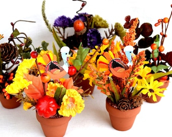 Thanksgiving and Fall Miniature and Small Flower Pots With Miniature and Small Artificial Flowers (Not 1:12 Scale)