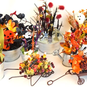 Miniature/Small Halloween Flower Arrangements Glow In The Dark With Metal/Galvanized Tubs, Watering Cans, Wheel Barrows, Wagons and Pails