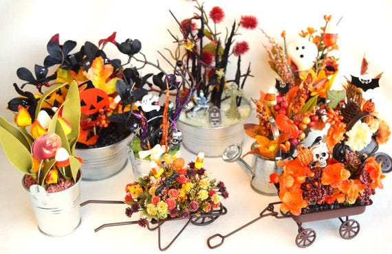 Halloween Flower Arrangements Glow In The Dark, Metal Tubs, Watering Cans, Wheel Barrows, Wagons, Pails