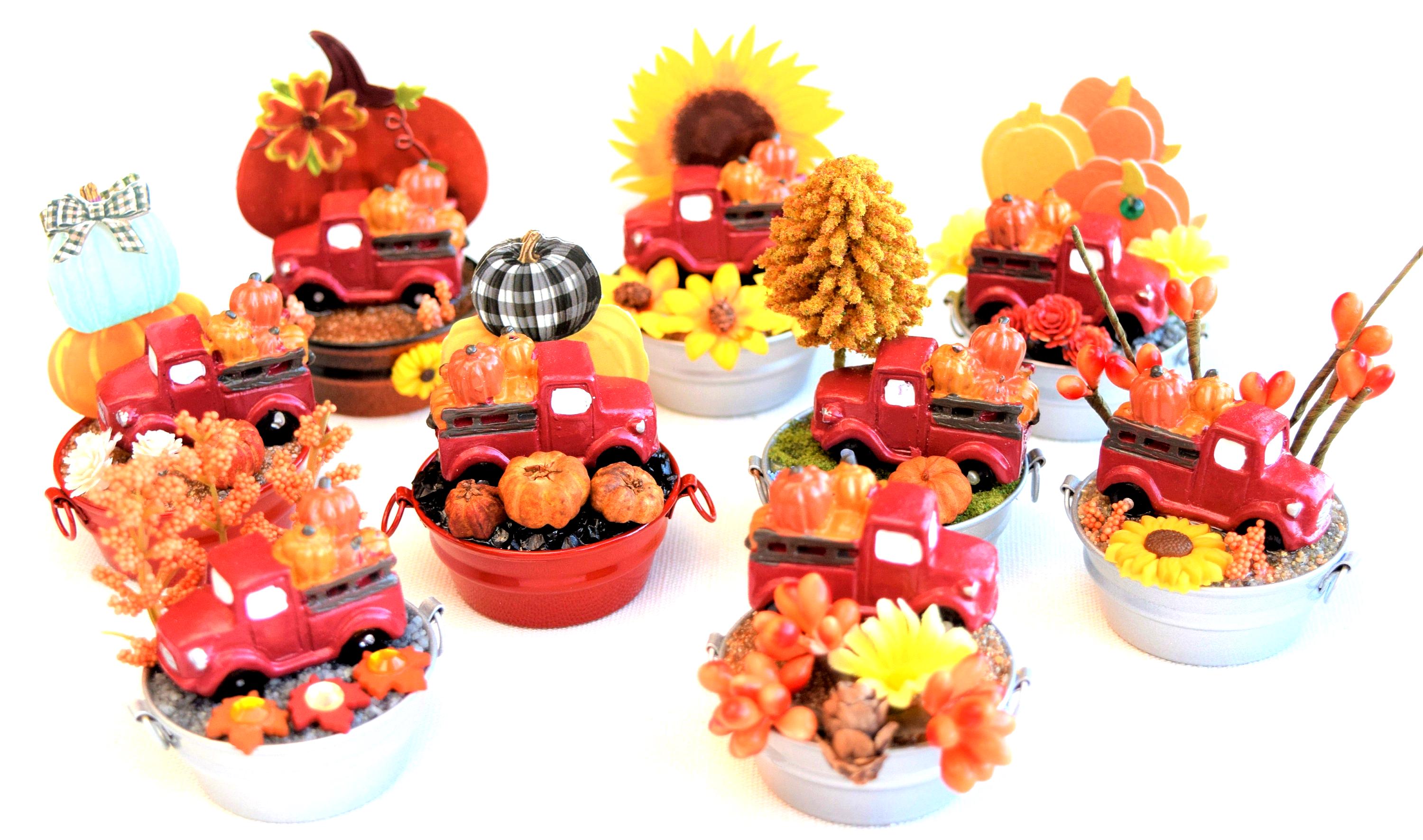 Red Truck Miniature Fall Figurine Scenes With Miniature Galvanized Tubs