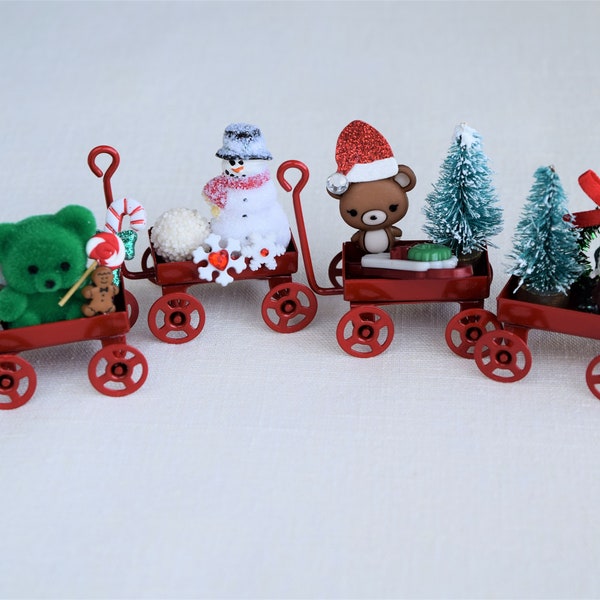 Miniature Christmas Figurine Scenes With Miniature Little Red Wagons