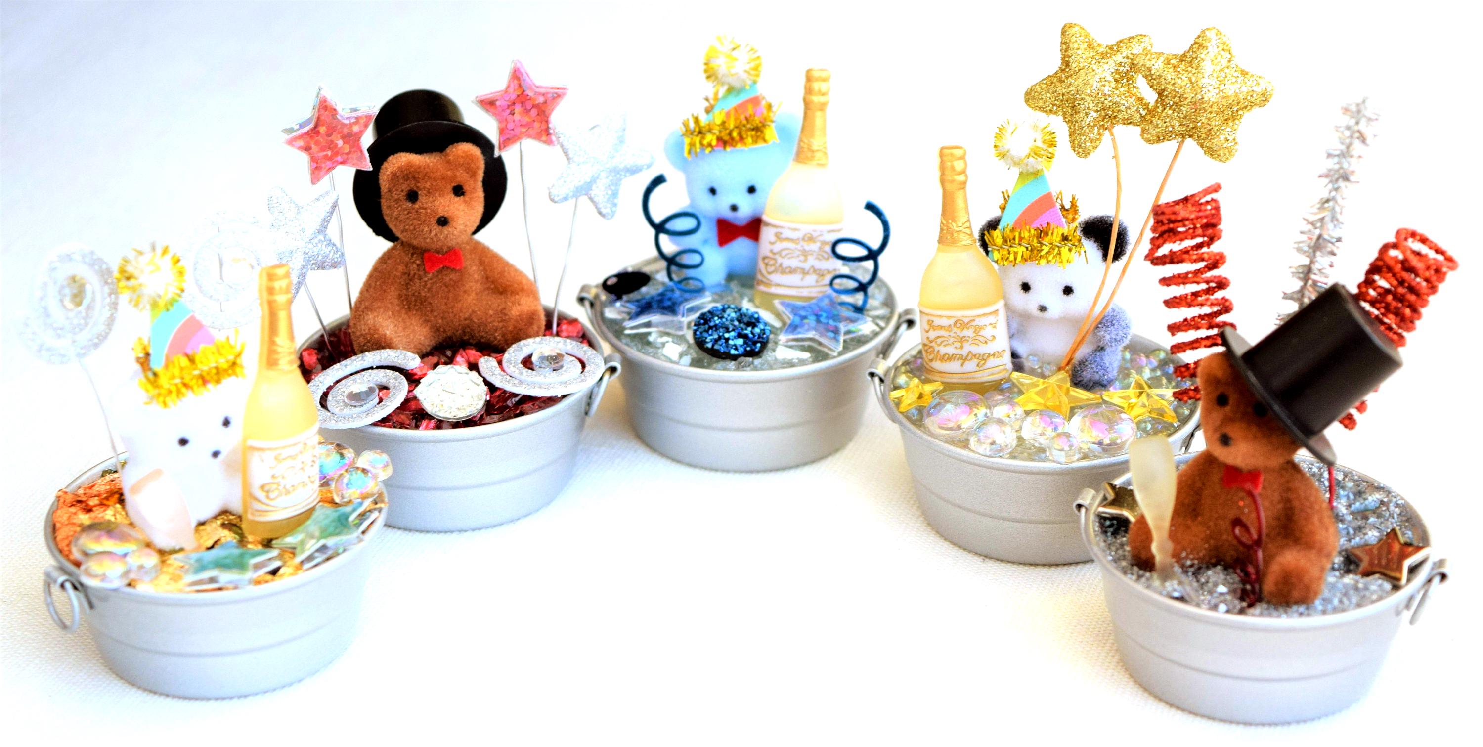 Miniature New Years Figurine Scenes and Miniature Floral Arrangements With Miniature Galvanized Tubs