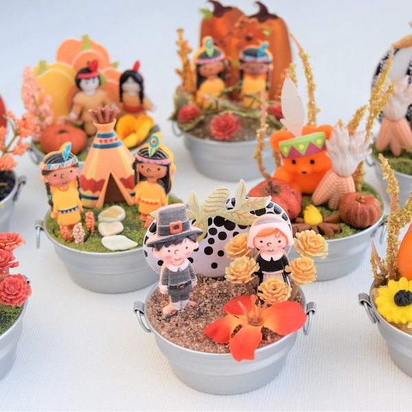 Miniature Fall Thanksgiving Figurine Scenes and Miniature Floral Arrangements With Miniature Galvanized Tubs