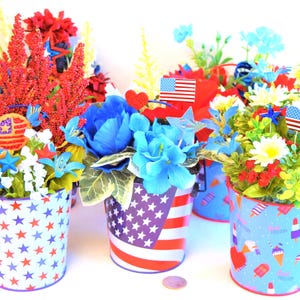 4th of July Patriotic Decorative Flower Arrangements in Red, White and Blue Metal Pails