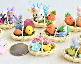 Miniature Easter Baskets 1:12 Scale, Dollhouse Easter Basket Miniatures, Miniature Easter Bunnies, Eggs and Flowers