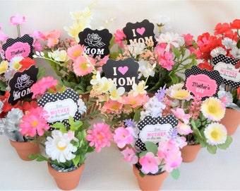 Mothers And Grandmothers On Mother's Day Miniature And Small Clay Flower Pots With Miniature And Small Artificial Flowers