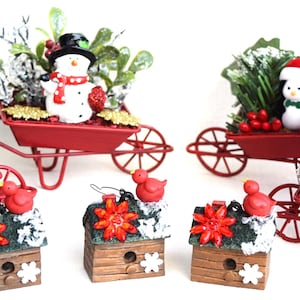 Miniature Christmas Scenes Christmas Small Decorative Red Painted Metal Wheelbarrows and Winter Birdhouse Ornaments