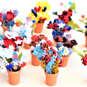 1:12 Scale, 4th of July Miniature Flowers and Miniature Clay Pots (1 1/2 inches to 2 1/2 inches high)