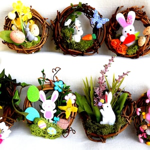 Miniature Easter Wreath: Bunny, Flowers, Eggs Hanging Decoration