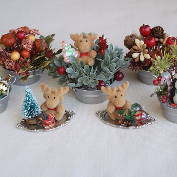 Miniature Christmas Figurine Scenes With Miniature Silver Metal Trays and Miniature Floral Arrangements With Miniature Galvanized Tubs