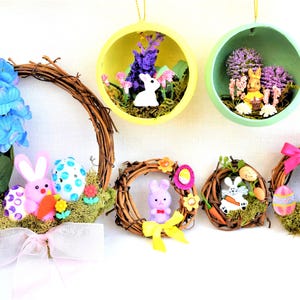 Miniature Grapevine Wreaths For Easter, Miniature Hanging Easter Decorations , Easter Bunny, Flowers and Easter Eggs