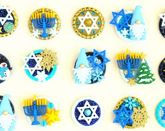 Hanukkah 3 Dimensional Ornaments, Magnets, Pins, Magnetic Pin Backs, Retractable Reel Badge Holders, Key Chain, Backpack Clips, Necklaces