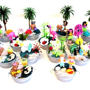 Miniature Beach, Hawaiian, Flamingo Scenes In Miniature Metal Tubs, Fun In The Sun!