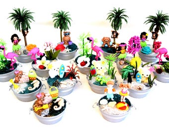 Miniature Beach, Hawaiian, Flamingo Scenes In Miniature Metal Tubs, Fun In The Sun!