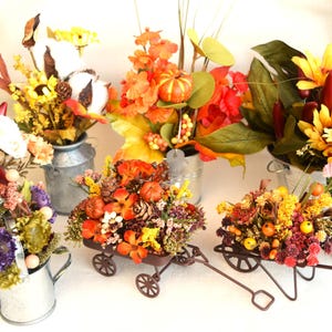 Miniature/Small Fall/Thanksgiving Flower Decorative Arrangements Metal/Galvanized Tubs, Watering Cans, Wheel Barrows, Wagons, Pails