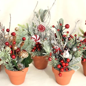 May include: Five small terracotta pots filled with festive winter greenery, red berries, and decorative ornaments. The pots are arranged in a row on a white surface.