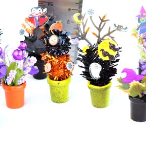 Halloween Miniature Flowers and Miniature Clay Pots (1 1/2 inches to 2 inches high), 1:12 Scale