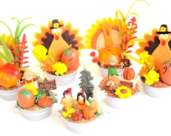 Miniature Thanksgiving Figurine Scene: Handmade Fall Decor Floral in Miniature Metal Tub