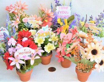 Mothers And Grandmothers On Mother's Day Miniature And Small Clay Flower Pots With Miniature And Small Artificial Flowers