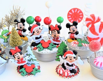 Miniature Holiday Christmas Figurine Scenes With Miniature Galvanized Tubs and Rhinestone Caps
