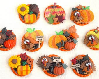 Thanksgiving/Fall 3 D Pins, Magnetic Pins, Necklaces, Refrigerator Magnets, Key Chains, Backpack Clips and Retractable Reel Badge Holder
