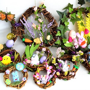 Miniature Grapevine Wreaths For Easter, Miniature Hanging Easter Decorations , Easter Bunny, Flowers and Easter Eggs