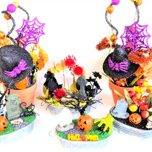 Halloween Decorations Miniature/Small Flower Arrangements In Metal/Galvanized Tubs And Clay Pots
