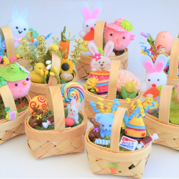 Miniature Easter Baskets Chip-wood 1:6 Scale, Dollhouse Easter Basket Miniatures, Miniature Easter Bunnies, Eggs and Flowers
