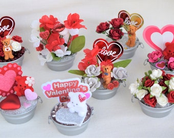 Miniature Valentine's Figurine Scenes and Miniature Floral Arrangements With Miniature Tubs