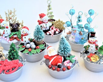 Miniature Holiday Christmas Figurine Scenes With Miniature Galvanized Tubs