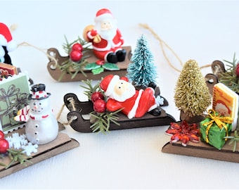 Christmas Ornaments or Decorations Miniature Wooden Sled Scenes