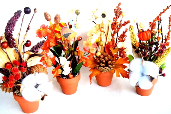 Thanksgiving and Fall Miniature Flower Pots With Miniature Artificial Flowers (Not 1:12 Scale)