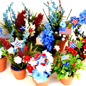 4th of July Miniature And Small American Flag Patriotic Flower Pots With Miniature And Small Artificial Flowers (Not 1:12 Scale)