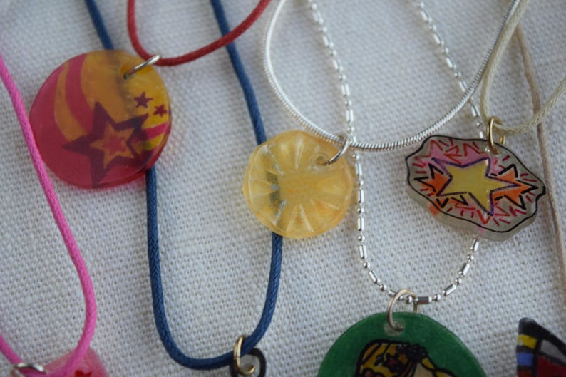 Unique and Handmade Plastic Shrink Art Necklaces Slide 6&7-18" Yellow