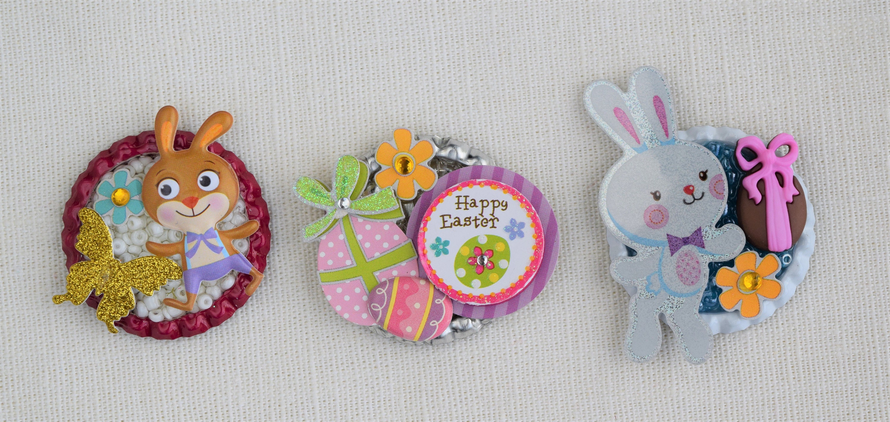 3-D Easter Pins brooches, Magnetic Pin Backs, Refrigerator Magnets,  Keychains, Backpack Clips, Retractable Reel Badge Holders, Necklaces 