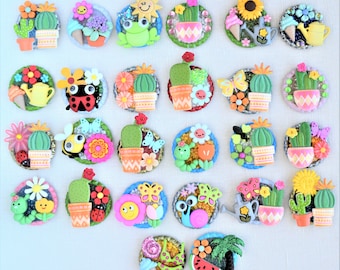 Spring and Summer Refrigerator Magnets, Pins, Pins With Magnetic Backs, Key Chains, Backpack Clips and Retractable Reel ID Badge Holders